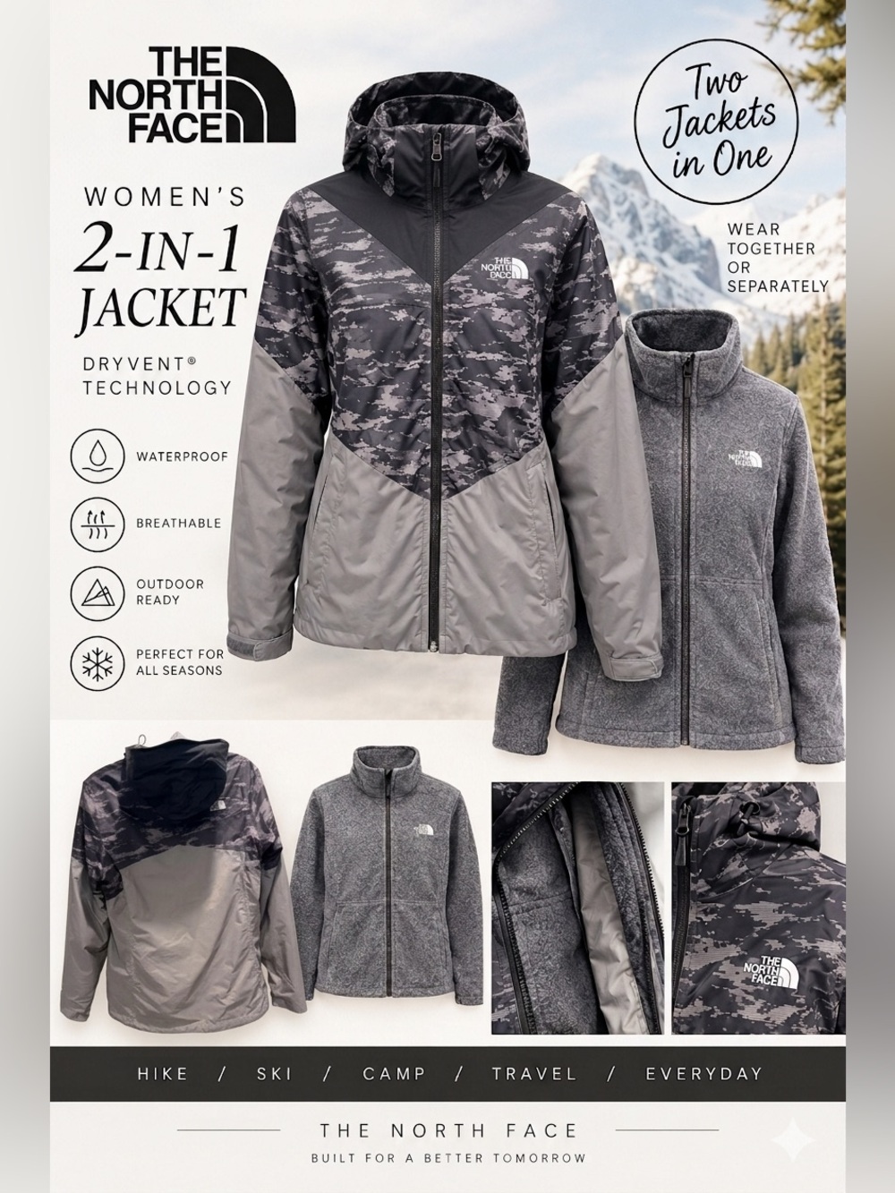 The North Face 2-in-1 DryVent Jacket Womens Medium Gray Camo Fleece